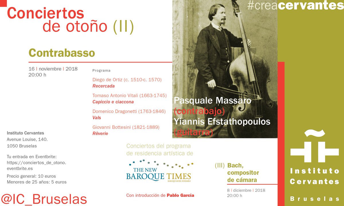 🗓️ Este viernes, 16/11 (20h), nuestro próximo #concierto: "Misterios del contrabajo", con nuestro conjunto residente <a href="/TNBTensemble/">The New BaroqueTimes</a> 

🎼 Descubriremos los misterios de este instrumento, su historia, evolución, sonoridad y repertorio.

🎟️ conciertos_de_otono.eventbrite.es