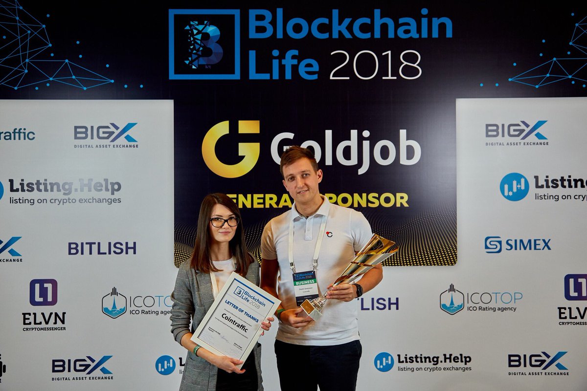 cointraffic_com's tweet photo. ‘Best Advertising Network to Promote Crypto Projects’. It’s a great honour to receive such an award 💪 #Advertising #Crypto #Awards #Cointraffic #BlockchainLife2018 #Premiumnetwork #Bannerads #Nativeads #Teamspirit https://t.co/v2WV4gLbxH