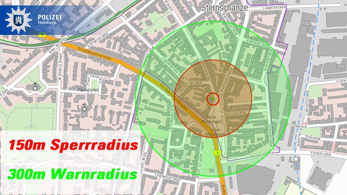PolizeiHamburg's tweet image. #Fliegerbombe #Sternschanze

ROT- 150m Sperrradius (Evakuierung)
GRÜN- 300m Warnradius (nicht im Freien aufhalten)