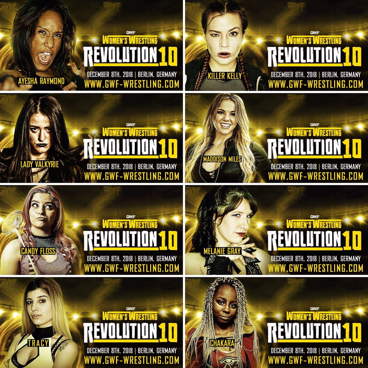 What a cracking line-up already set to appear @WeAreGWF #Revolution10 on 8th Dec, Berlin as some of the best will battle it out @amazonayesharay @Kelly_WP @Real_Valkyrie @maddison131444 @CFlossWrestler @Melzi87 @Atomic_blondee @chakarawrestler

Tickets gwf-wrestling.com