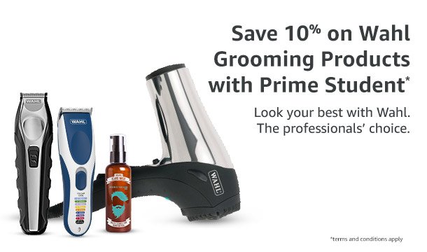 Prime Student members save an extra 10% on selected university grooming and styling essentials. Keep your look fresh with savings on Wahl shavers, hairdryers and clippers.

Order one today and find out why the professionals trust Wahl.
amazon.co.uk/gp/promotion/A…