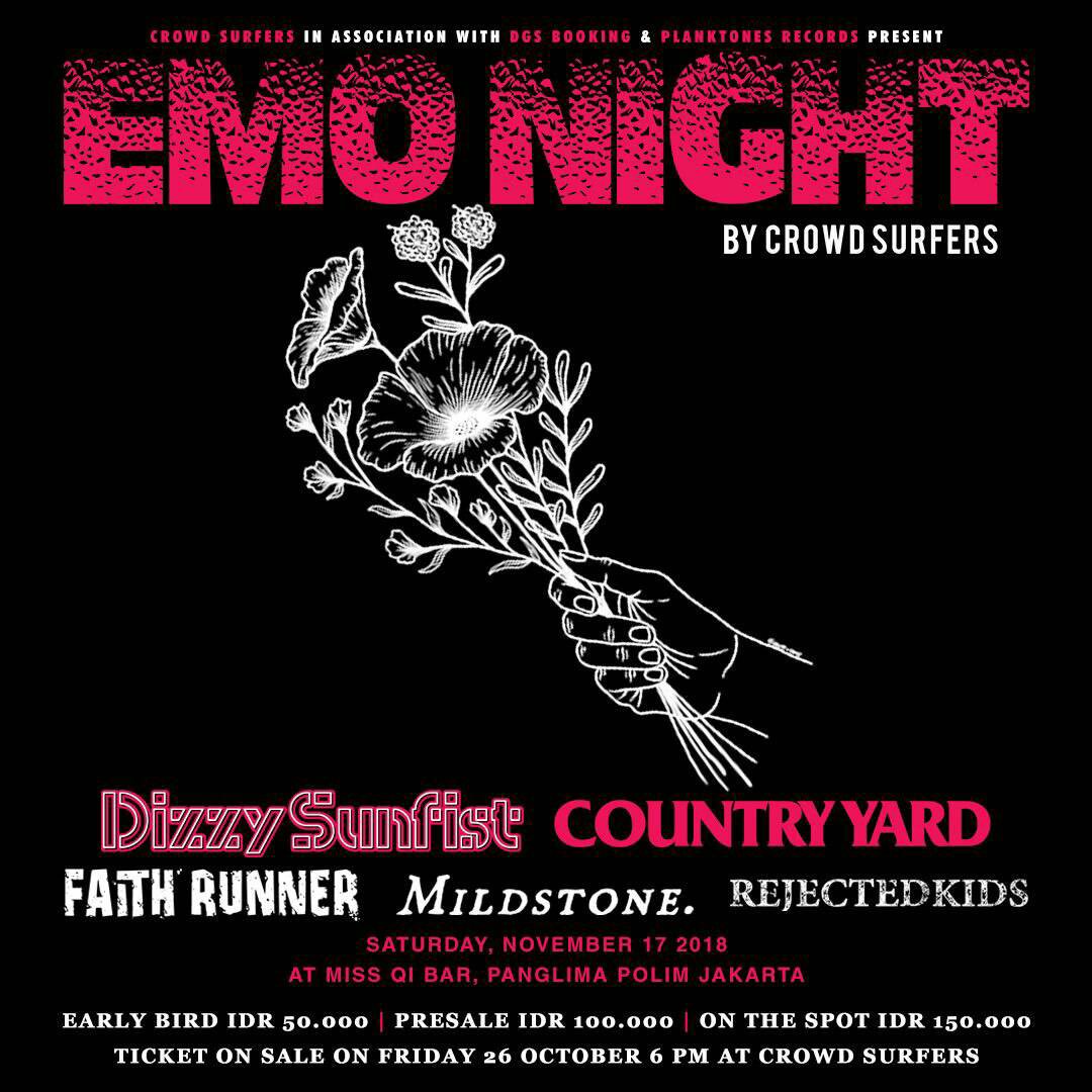 【Live info】
JAKARTA
11/17(sat)Miss Qi, Jakarta
w)COUNTRY YARD/Faith Runner/Mildstone/Rejected Kids
Ticket :
Early Bird : IDR 50K
Presale : IDR 100K
Door : IDR 150K
Ticket available at : <a href="/crowdsurfers/">Aralt van Oosten</a>.id