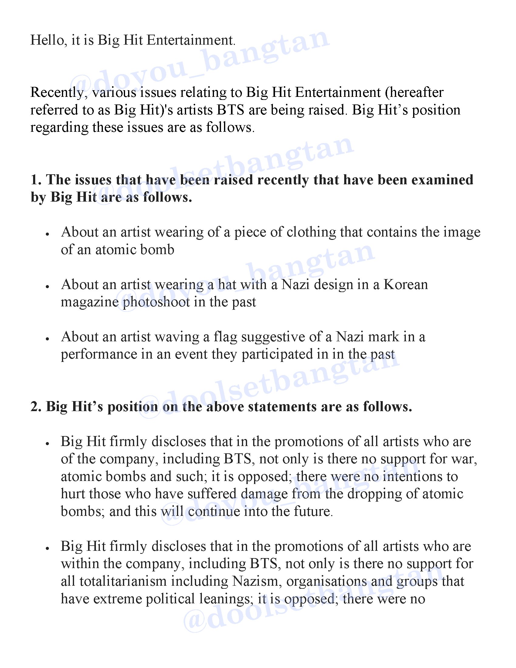 Doolset Translation Of Bighitent S Notice Regarding Issues Raised Recently By Doyou Bangtan And Doolsetbangtan Original Content T Co P3ighnlgzu T Co Iuppqct1zt Twitter