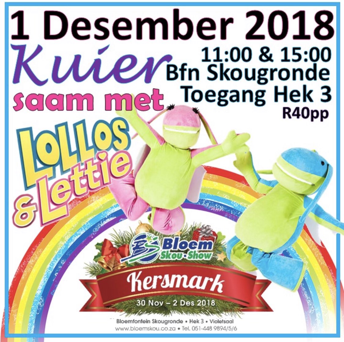 Lollos kuier by die Bloemskou kersmark van 30 Nov- 2 Des
Toegang is gratis - maak n donasie aan Engo (speelgoed),DBV (hondekos)of Towers of Hope (toiletries of kos)
Lollos se optrede is Saterdag, 1 Des om 11h00 en 15h00@ R40 pp.
<a href="/LollosMusiek/">Lollos</a> 
#bloemskoukersmark2018