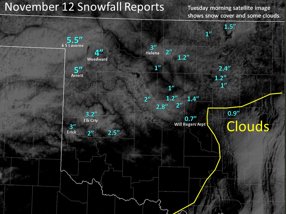 NWSNorman's tweet image. Snowfall totals from yesterday and satellite imagery detailing how much snow is present from the TX panhandle to NE OK. #okwx