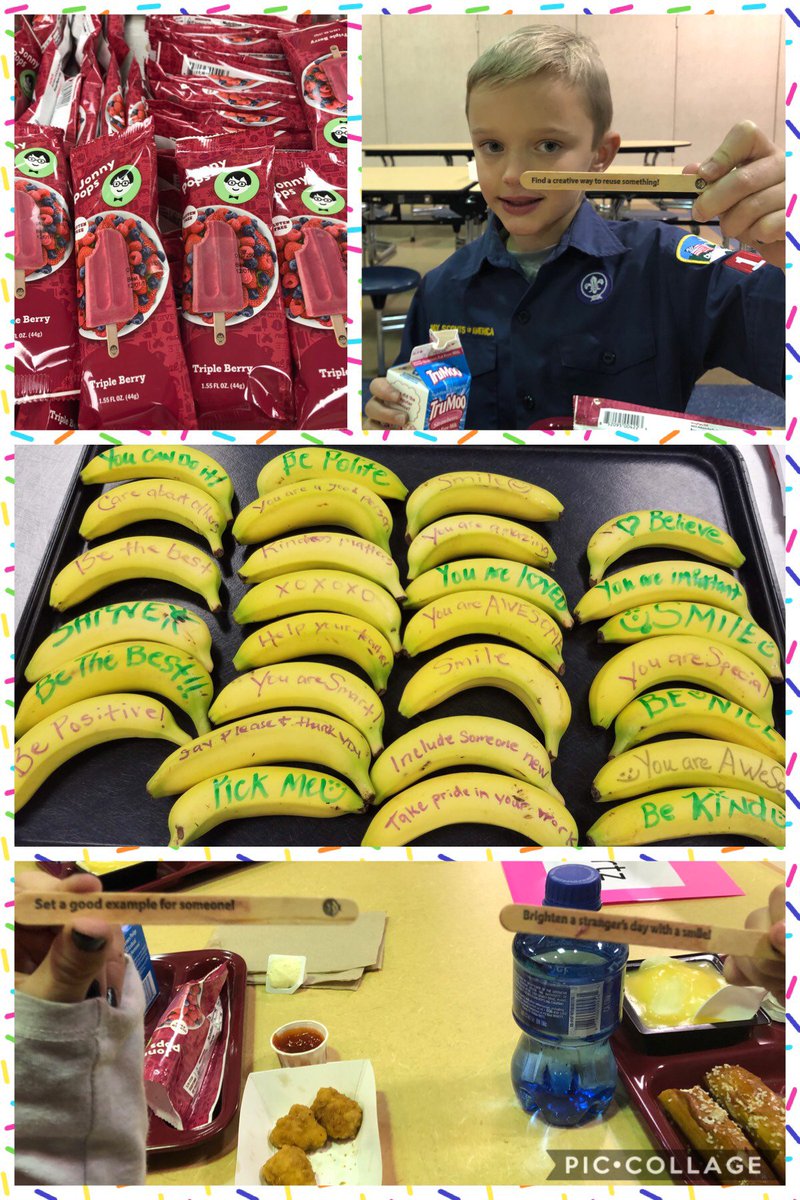 myCCSCafe's tweet photo. "Brighten a strangers day with a smile!" , "Set a good example for someone!" , "Include someone new" , "You are a good person". These are just some of the kind messages our popsicles and bananas sent out to students today! #WorldKindnessDay #ThisIsMyCCSCafe https://t.co/onMi0qZB8i