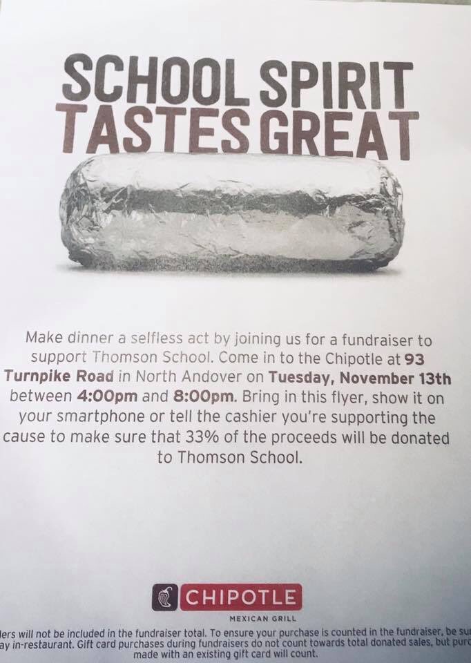 Please support the Thomson 5th graders tonight at chipotle!  4pm-8pm! Please show the cashier the flyer!