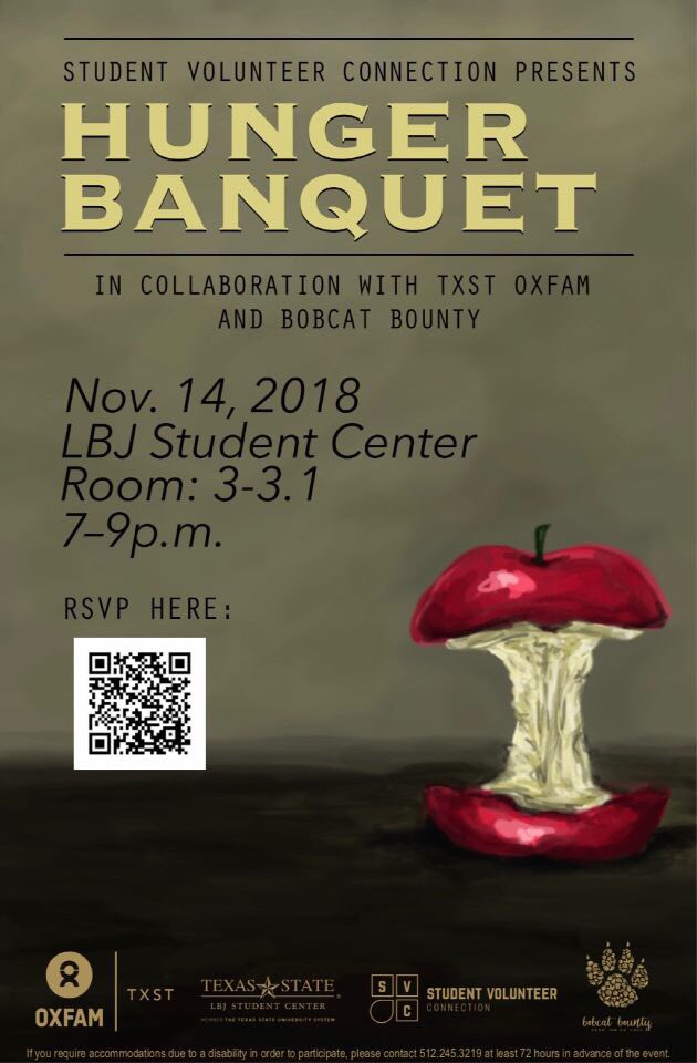 Don’t forget, Hunger Banquet TOMORROW at 7!! RSVP if you haven’t already! lbjsc.txstate.edu/svc/Events/Hun…