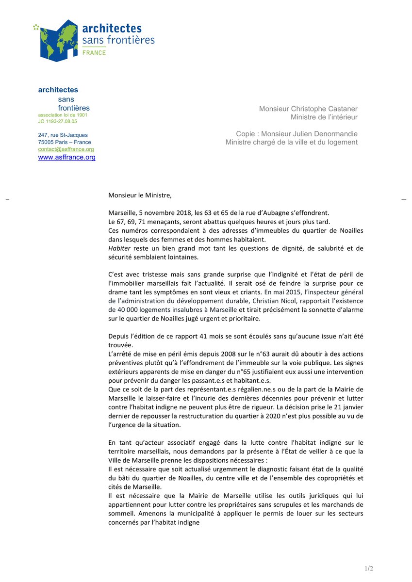 ASFFranceorg's tweet photo. [ MARSEILLE ]
Suite aux effondrements rue d'Aubagne à Marseille, le Conseil d'Administration d'ASF France adresse une lettre ouverte au Ministre de l'Intérieur Monsieur Castaner et copie au Ministre chargé de la ville et du logement Monsieur Julien Denormandie.
#habitat #indigne https://t.co/XmexwLguIi