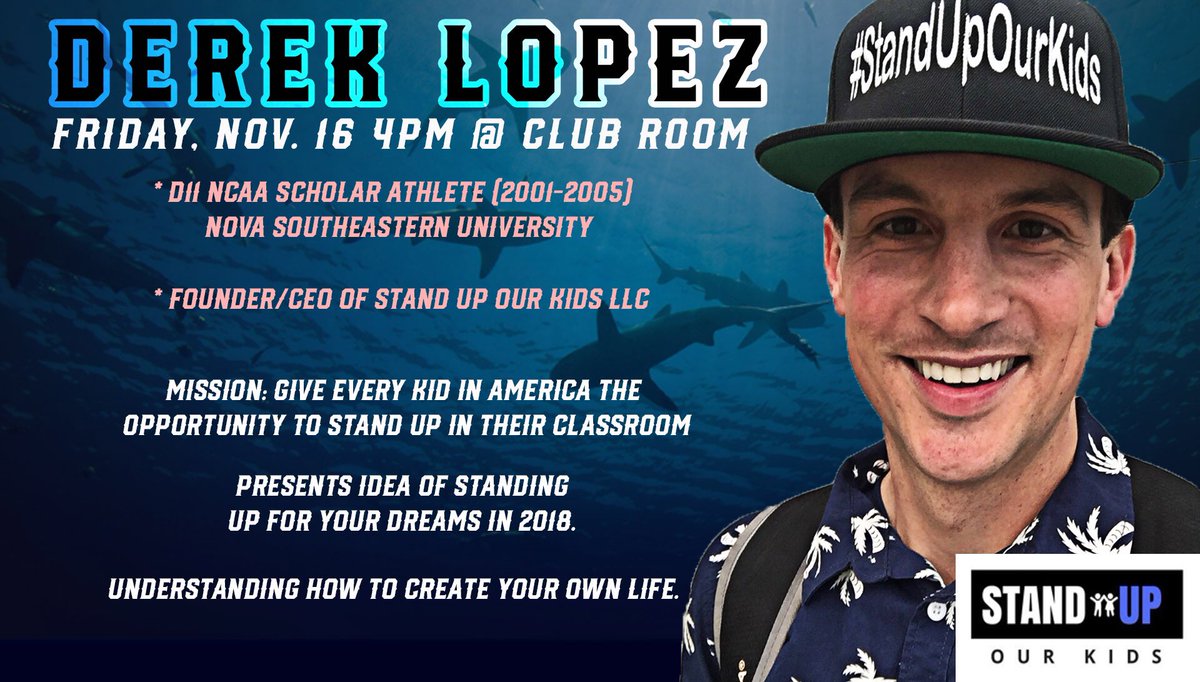 🦈s, come check out former <a href="/NSU_Baseball/">NSU Baseball</a> player, Derek Lopez, THIS FRIDAY at 4pm!! You’ll be able to get 1 hour of Study Hall for the week of 11/26! #NSUSharks