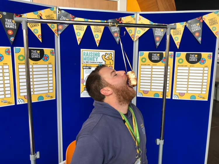ucp_experience's tweet photo. Can you beat our staff in eating a donut without your hands?! Time to beat so far is 2 minutes 5 seconds. All in aid of a good cause. #childreninneed https://t.co/WEPYXdXGFa