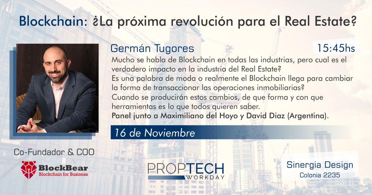 TheBSGlobal's tweet image. El viernes 16/11 @gtugoresblock, nuestro co-fundador, participará del panel #blockchain en #ProptechWorkDay, en Sinergia Design, evento de #tecnología aplicada a las industrias de inmobiliaria y construcción.
Por más info: proptechworkday.com