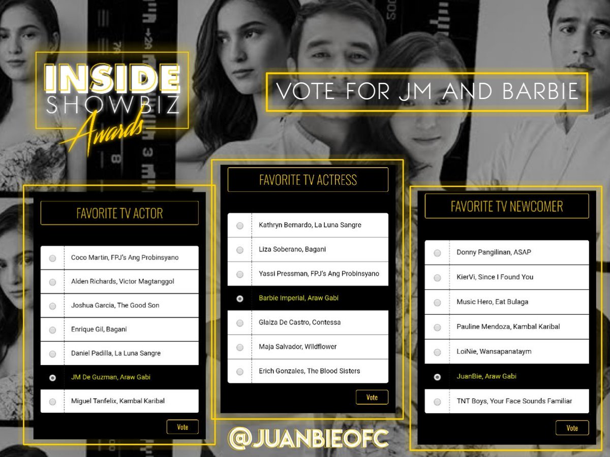 JuanBieOFC's tweet photo. VOTE FOR JM x BARBIE! 🤟
Favorite TV Actor
- JM De Guzman, Araw Gabi
Favorite TV Actress
- Barbie Imperial, Araw Gabi
Favorite TV Newcomer
- JuanBie, Araw Gabi
You can vote here!
https://t.co/ZweLC2gLPs
Iparamdam ang suporta at pagmamahal!
@1migueldeguzman @barbieeimperial 💛 https://t.co/fs1FvNk7bD