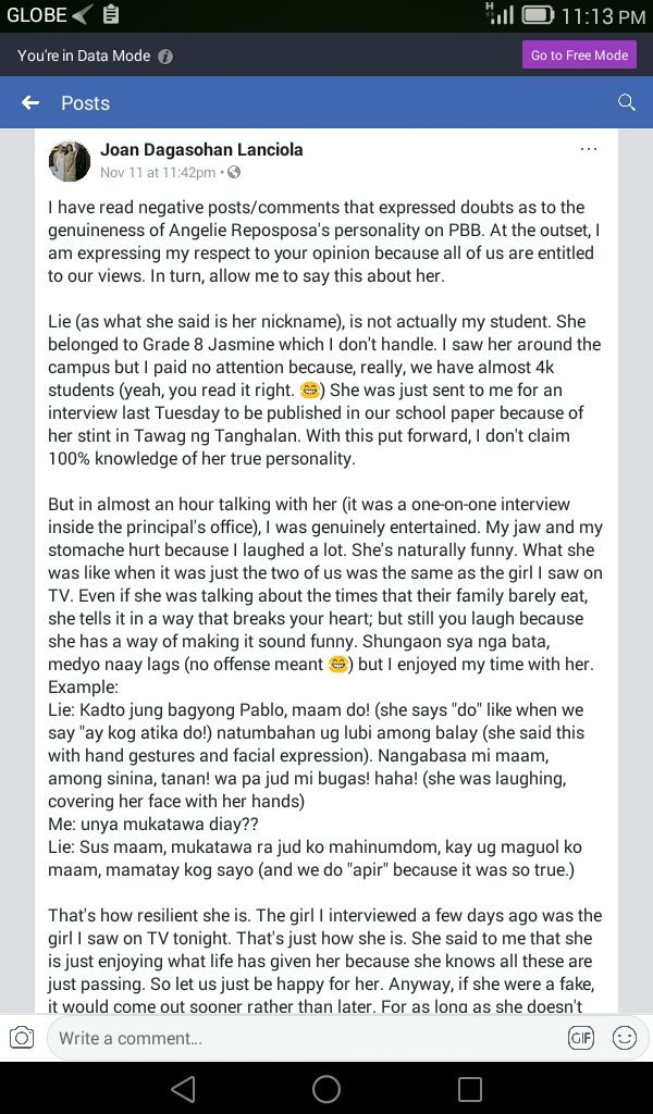 lelis_mike's tweet photo. Sana mabasa ng mga bashers itong panayam ng isa sa mga guro ng kanyang paaralan.!😁
#PBBKul8tan https://t.co/LNIv9kdlAZ