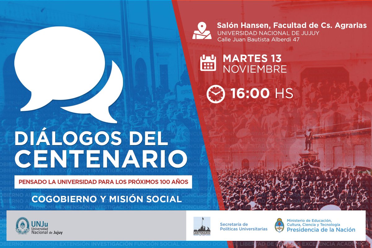 Y más tarde se viene la cuarta jornada de #DialogosDelCentenario en la Facultad de cs Agrarias de la UNJu a las 16hs. Además habrá actividades culturales para conmemorar los #100ReformaUniversitaria