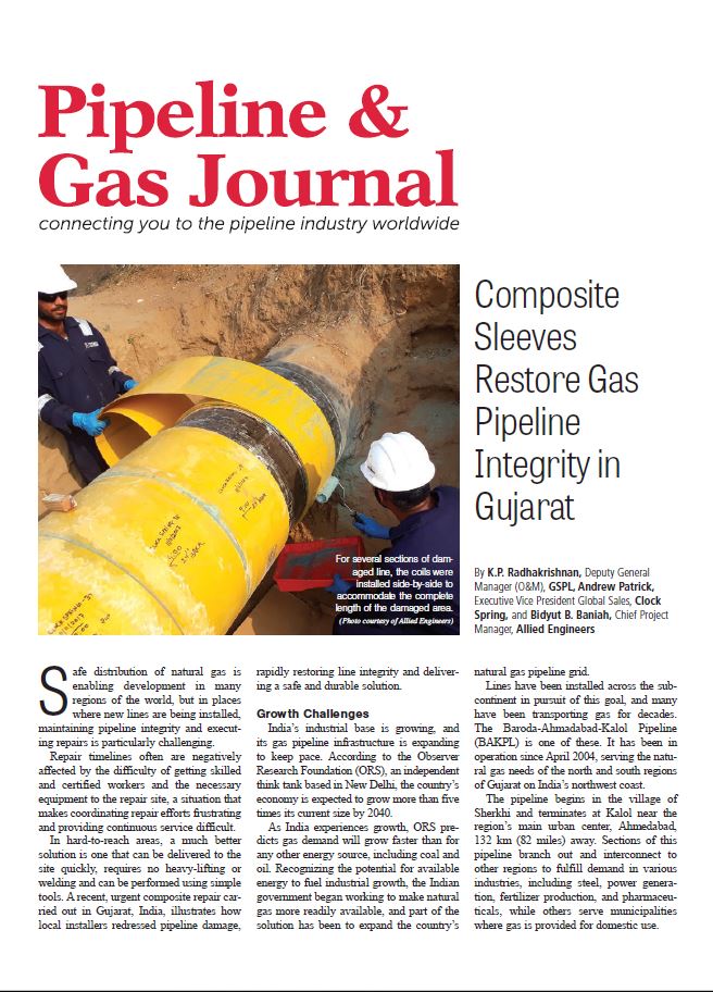 CSNRIComposites's tweet image. Pipeline &amp;amp; Gas Journal features Clock Spring solution. Using Clock Spring sleeves allowed the BAKPL line to be returned to full operational integrity in Gujarat.

bit.ly/2QzFTrn

#ClockSpringInc #Innovation #OilandGas #Composites #PipeRepair #AlliedEngineers