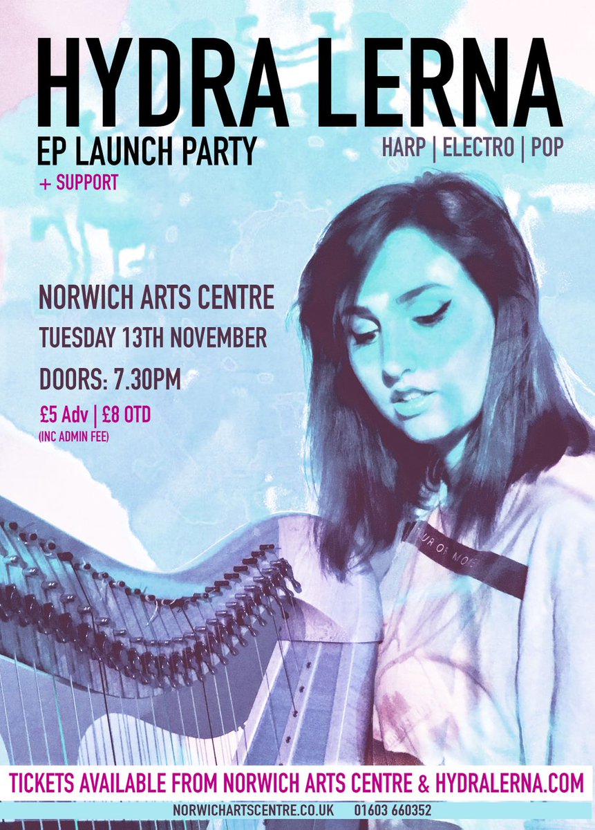 TONIGHT @HydraLernaMusic launches her long-awaiting EP with a huge gig in her hometown of Norwich with support from KMB + Playhouse 
A singer/songwriter, harpist, and electronic pop music producer Hydra Lerna is a multi-talented one-girl-show!  💙 💜