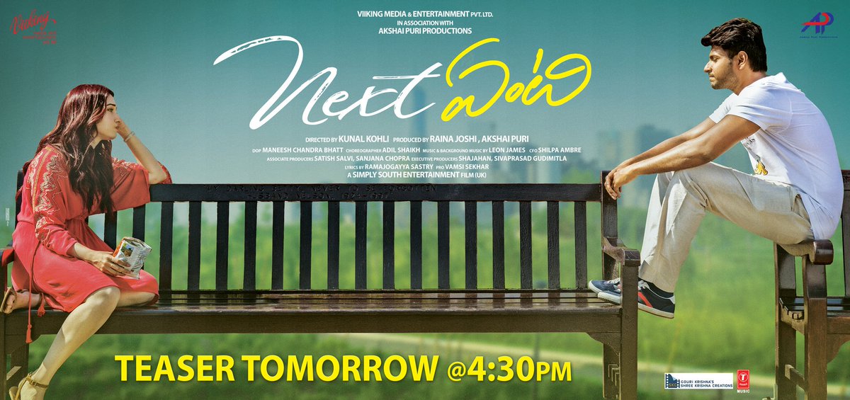 NextEntiTheFilm's tweet photo. #NextEnti teaser out tomorrow at 4:30 PM

Movie stars @tamannaahspeaks @sundeepkishan @pnavdeep26 in lead roles.

Directed by @kunalkohli 
Music composed by @leon_james
Produced by Raina Joshii &amp; @PuriAkshai 
Release by Shree Krishna Creations.

#NextEntiTeaser https://t.co/Lzadotne2B