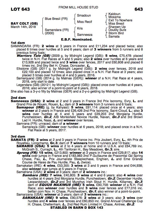 By @YortonFarm's BLUE BRESIL, Lot 643 colt from @millhousestud is secured by @bencaseracing for €65,000 @tatts_ireland. He is a half-brother to LR placed WARRIORS TALE #readallaboutit #TattsNovember
