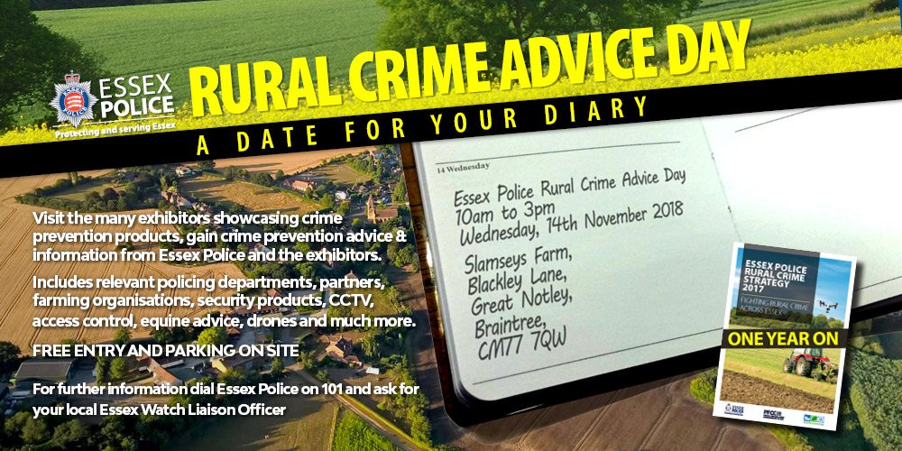 Don't forget tomorrow is the Rural Crime advice day at Slamsley's Farm, Great Notley. Lots of information to avoid being a victim of crime. Hope to see you there. #collaboration  <a href="/ECFRS/">Essex Fire Service</a> <a href="/EssexPFCC/">EssexPFCC</a> @CPTBraintUttles