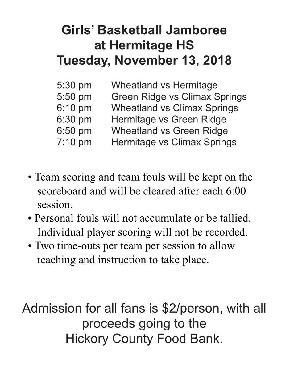 HermitageSchool's tweet photo. It’s #JAMBOREE Day! The Lady Hornets are still hosting a girls jamboree tonight beginning at 5:30 pm in the #HornetsNest with Climax Springs, Green Ridge &amp; Wheatland. #bballtime @scoreboardguy @OzarksOzone https://t.co/Fbtsc2lEs7