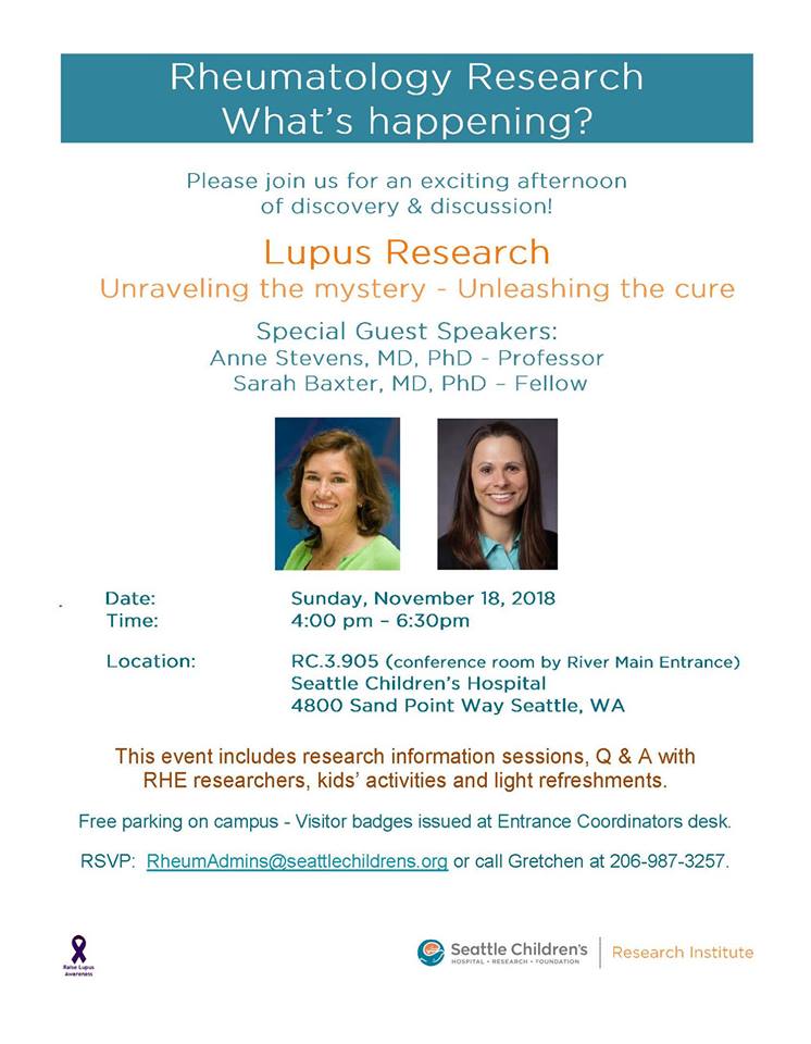 lupuspnw's tweet image. Our friend Anne Stevens, MD, PhD, with @seattlechildren hospital will be hosting a free educational event this Sunday November 18 from 4:00-6:30 PM. Please join in for an exciting afternoon of discovery and discussion!
#lupusPNW #lupuseducation #callingall #lupuswarriors