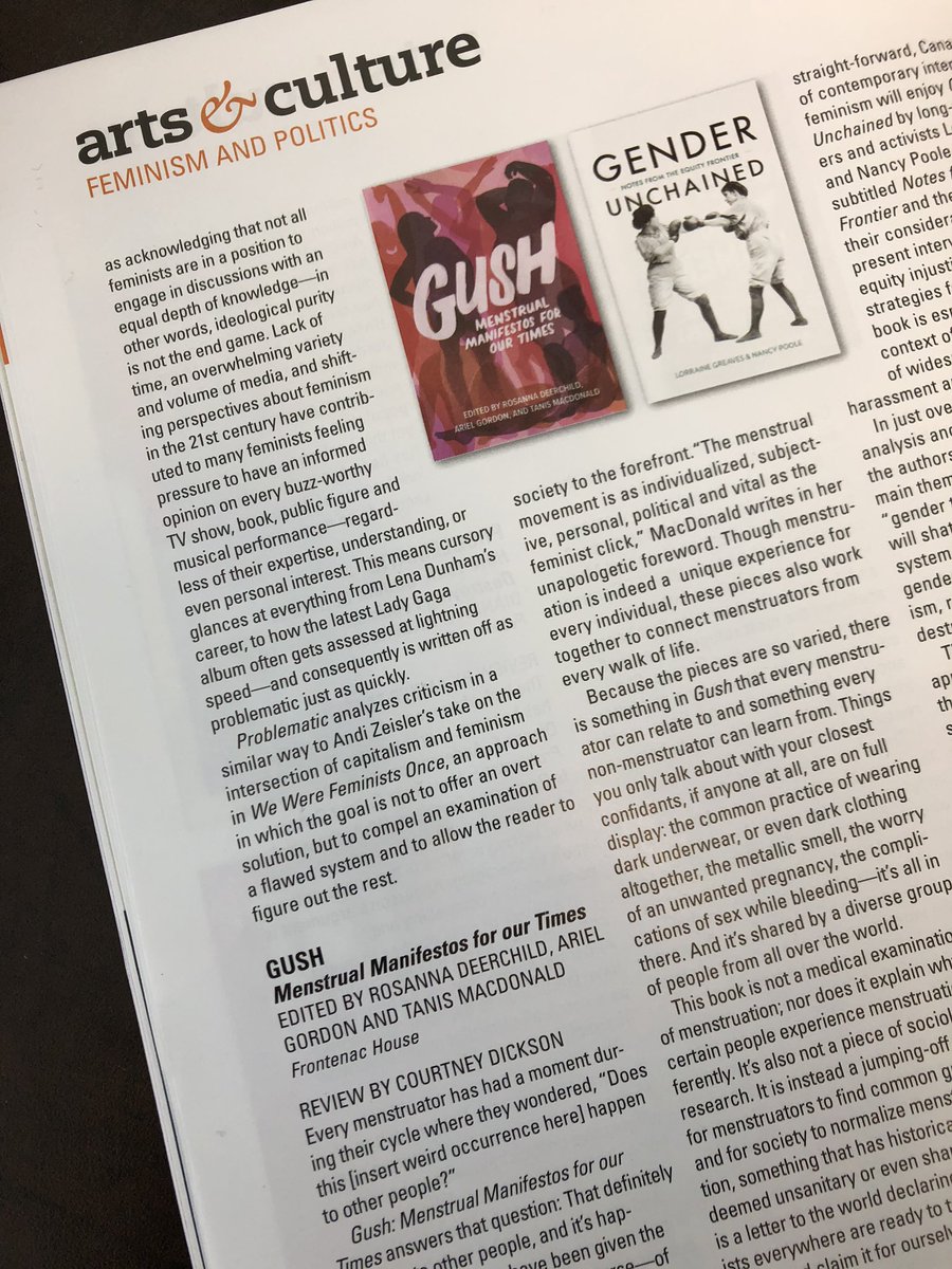 “GUSH is a letter to the world declaring that feminists everywhere are ready to take back the period and claim it for ourselves.” 

- Courtney Dickson reviews #GUSH for the fall issue of @Herizons_Mag