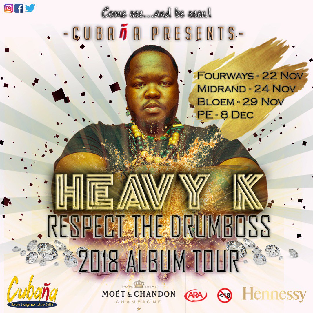 IZAGqeberha's tweet photo. We say RESPECT THE DRUMBOSS! PE we have such a GOODIE for you in December! @HeavykDrumboss will be touring with #CubanaLatinoCaffe for Dec month, @HennessySA the drink of choice and, ultimately, this makes Cubaña the place to be! #ComeSeeAndBeSeen with #HeavyK and #Hennessy! https://t.co/APisJMJRNw