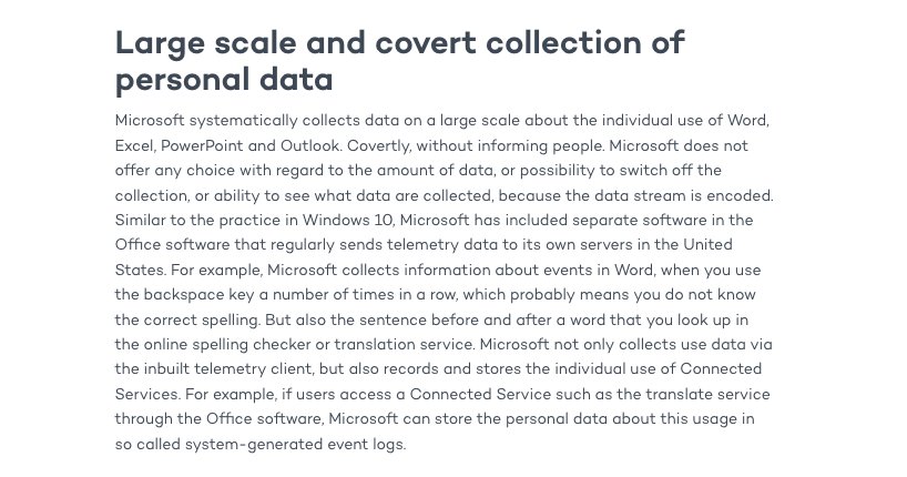 "Microsoft systematically collects data on a large scale about the individual use of Word, Excel, PowerPoint and Outlook. Covertly, without informing people. Microsoft does not offer any choice..." privacycompany.eu/en/impact-asse…