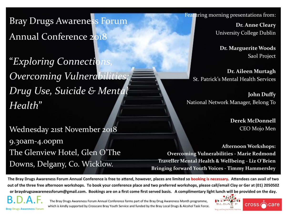 BrayDrugsAware's tweet photo. The @BrayDrugsAware Annual Conference is taking place on 21.11.2018 @glenviewhotel - fantastic line up of speakers and workshops - places still available - free to attend - booking req. See attached photo for details. https://t.co/E4nRfMBA40