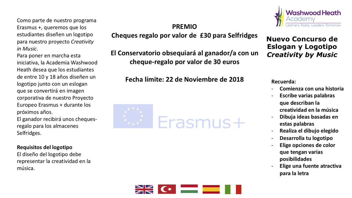 CPMASLinares's tweet photo. Con motivo de la participación del centro en el proyecto #ErasmusPlus y dentro de las actividades planificadas, se convoca un concurso de logos para los alumnos del #CPMLinares. La temática: un logo y un eslogan que defina el proyecto y que represente la creatividad en la música. https://t.co/YnDDoV1TaT