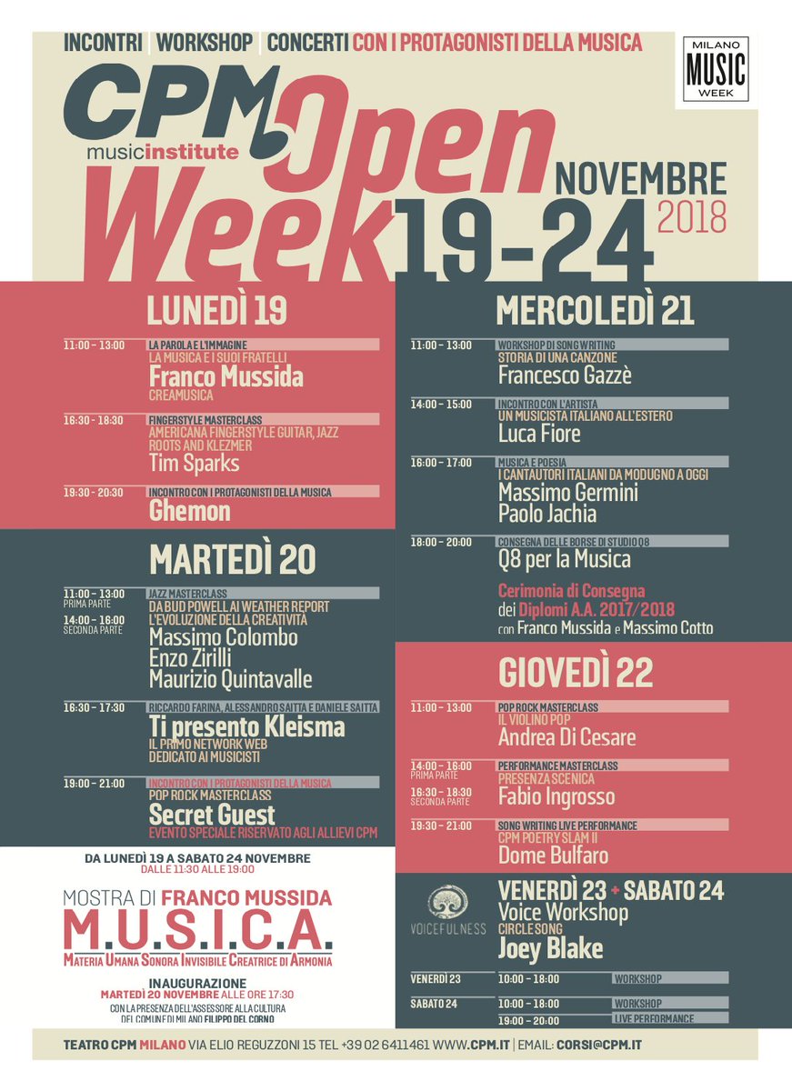Da Lunedì 19 OPEN WEEK CPM a #Milano: #Concerti #Seminari e  #Masterclass. INFO bit.ly/2PY9VIy. #MilanoMusicWeek #ghemon #joeyblake #timsparks #poetryslam