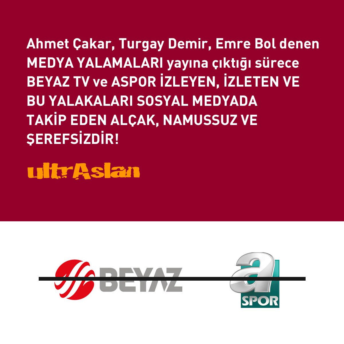 Sevgili Galatasaraylılar...

Uzun uzadıya açıklamaya gerek yok!

#ultrAslan #BeyaztvASporBoykot