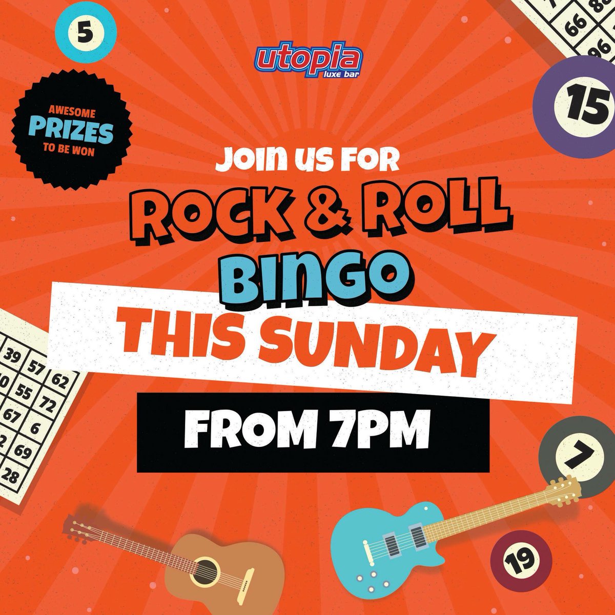 ROCK & ROLL BINGO IS BACK AT UTOPIA! 🙌🏼😍🎤🎸

After a hugely successful first R&R Bingo, it's back at Utopia this Sunday from 7pm! 🍻🔥

Expect a load of fun filled prizes to be won... 

See you ALL on Sunday!

#RockandRollBingo #Utopia