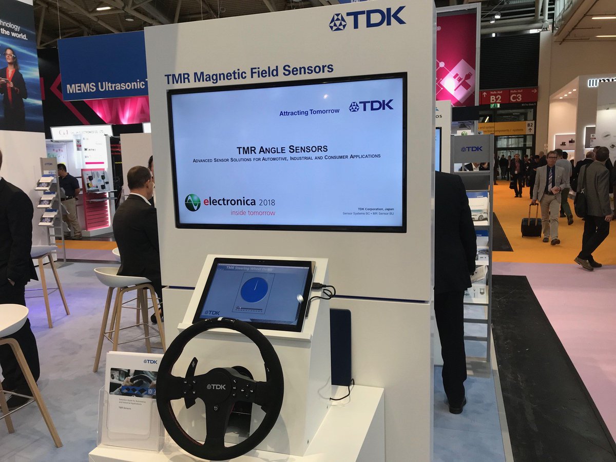 TDK_Europe's tweet image. Take the steering wheel and experience how TDK´s highly sensitive TMR angle sensor works at our sensor booth (B3.460). 
#sensors #steering #anglemeasurement #automotive #ele18 #TDK