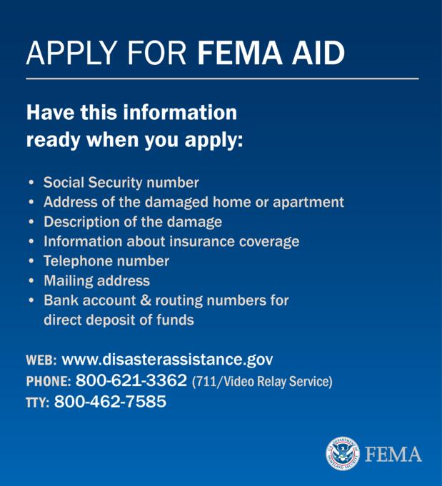 This graphic lists seven info items that applicants will need when applying for individual disaster assistance.