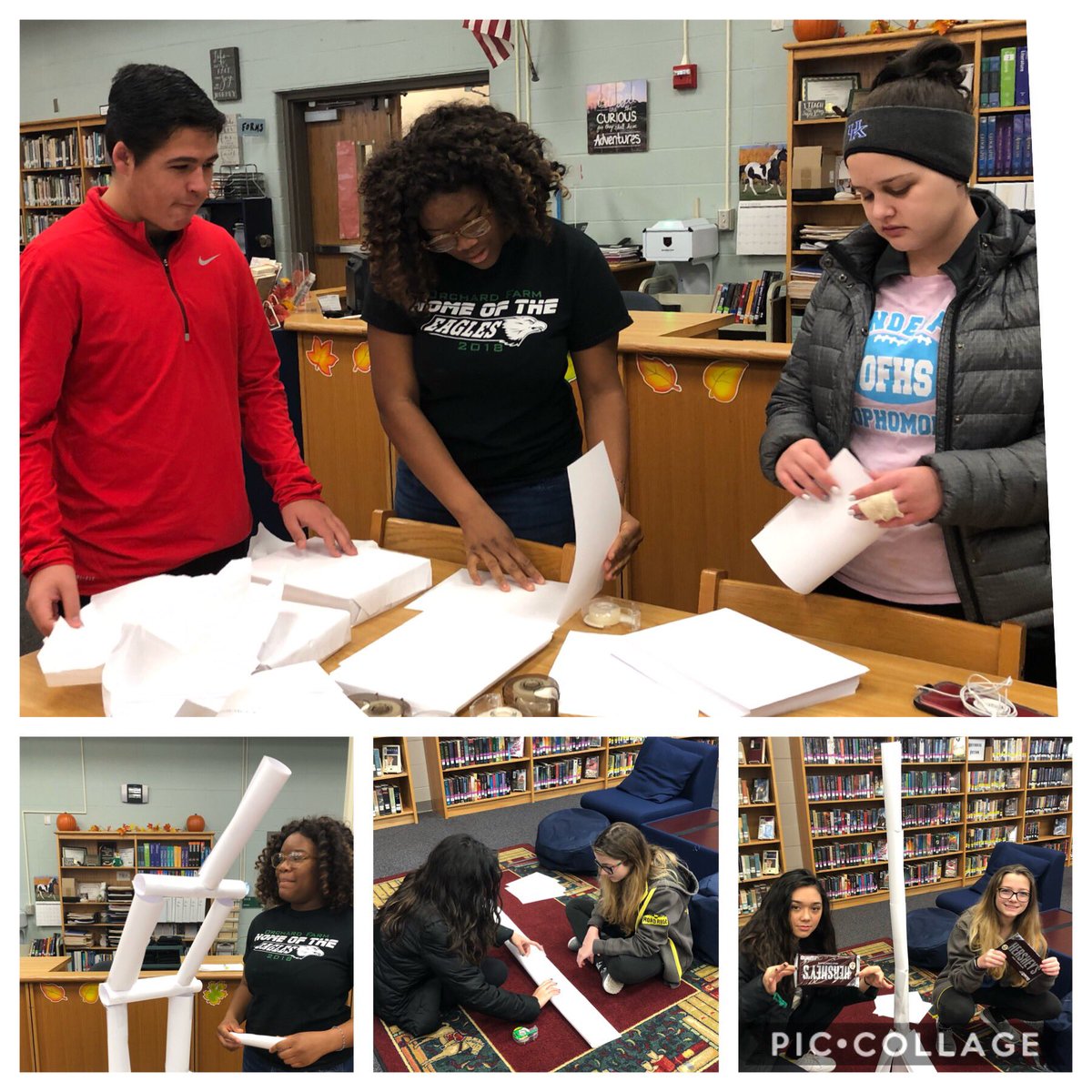 OFHSLibrary's tweet image. Great fun with the Tower Challenge in the library Design Studio today! Students had 3 mins to design &amp;amp; 8 mins to build the tallest free standing tower out of paper &amp;amp; tape to win giant Hershey’s chocolate bars!  #makerspace #whatwedo #ofpride #ofarmpride #futurereadylibs