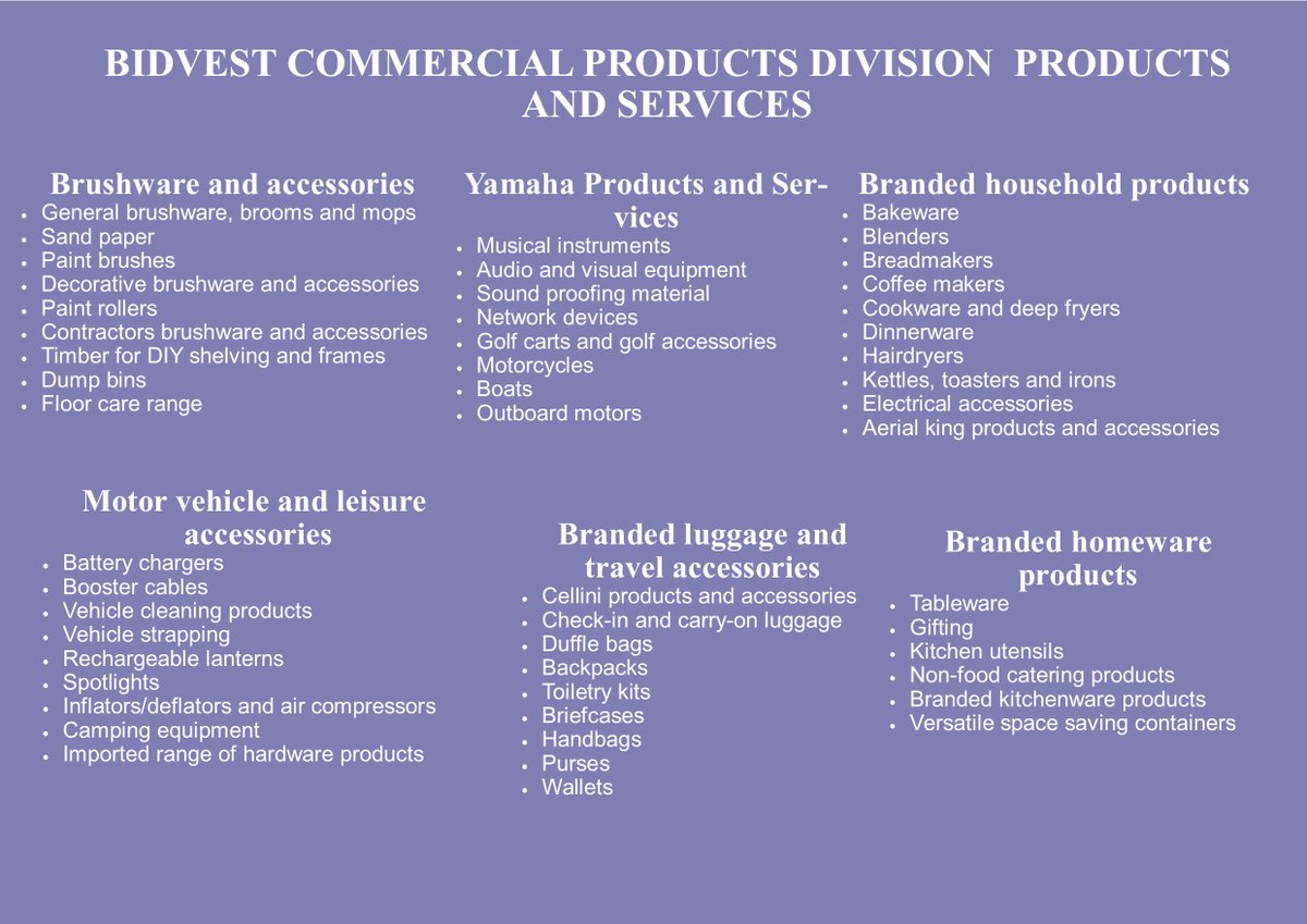 Bidvest Commercial Products Division Products and Services.