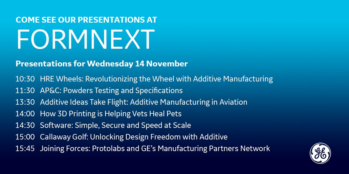 GEAdditive's tweet image. What's on your schedule @formnext_expo on Wednesday? Join our daily live presentations about customer stories, additive technology and materials. Hall 3 booth D30 #formnext #AdditiveManufacturing