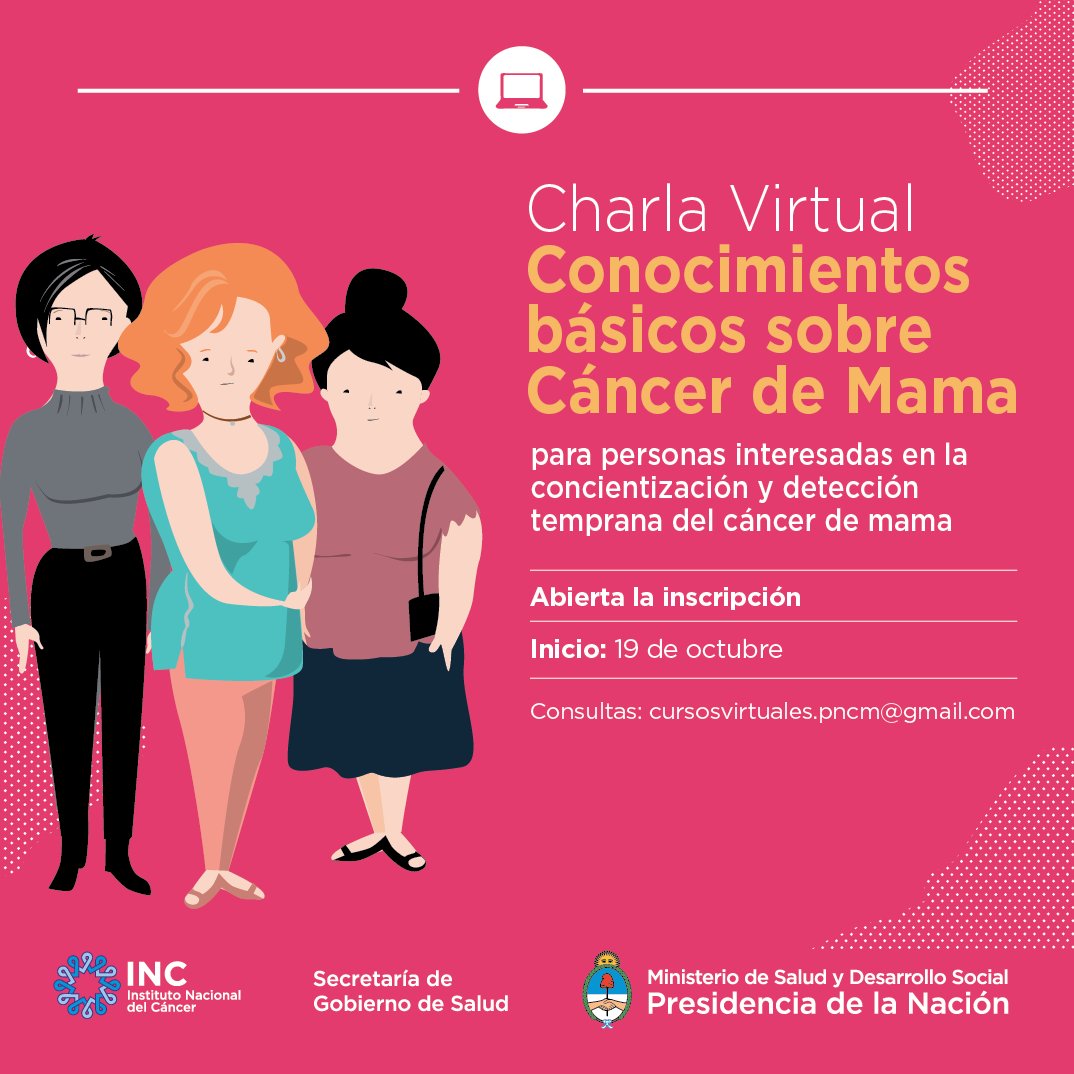 &gt;&gt; CONTINÚA ABIERTA LA INSCRIPCIÓN HASTA EL 23/11
Durante todo el mes de noviembre permanecerá on.line esta charla donde se difunden conocimientos básicos sobre concientización y detección temprana del #CáncerDeMama. Más información: bit.ly/2PrMyne