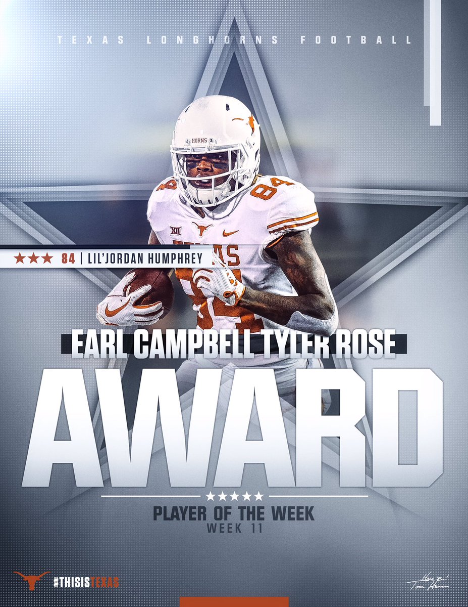 This week’s Earl Campbell Tyler Rose Award Player of the Week is <a href="/LJ_Humphrey23/">Lil’Jordan Humphrey</a>. #ThisIsTexas #HookEm