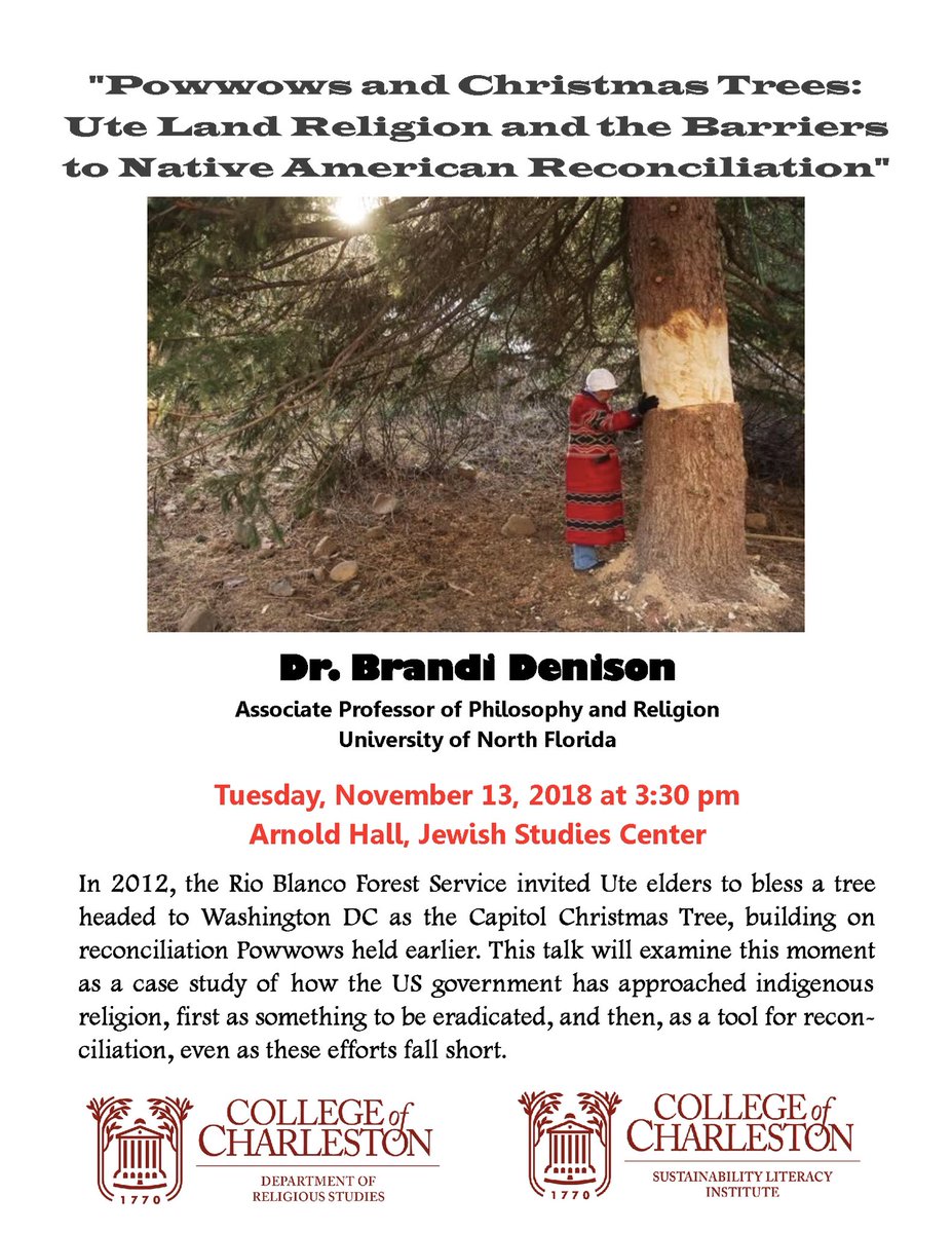 TODAY at 3:30pm!
With the holidays coming up, this is the perfect opportunity to hear Dr. Brandi Denison talk about how the US government has approached indigenous religion,1st as something to be eradicated,and then,as a tool for recon-ciliation, even as these efforts fall short.