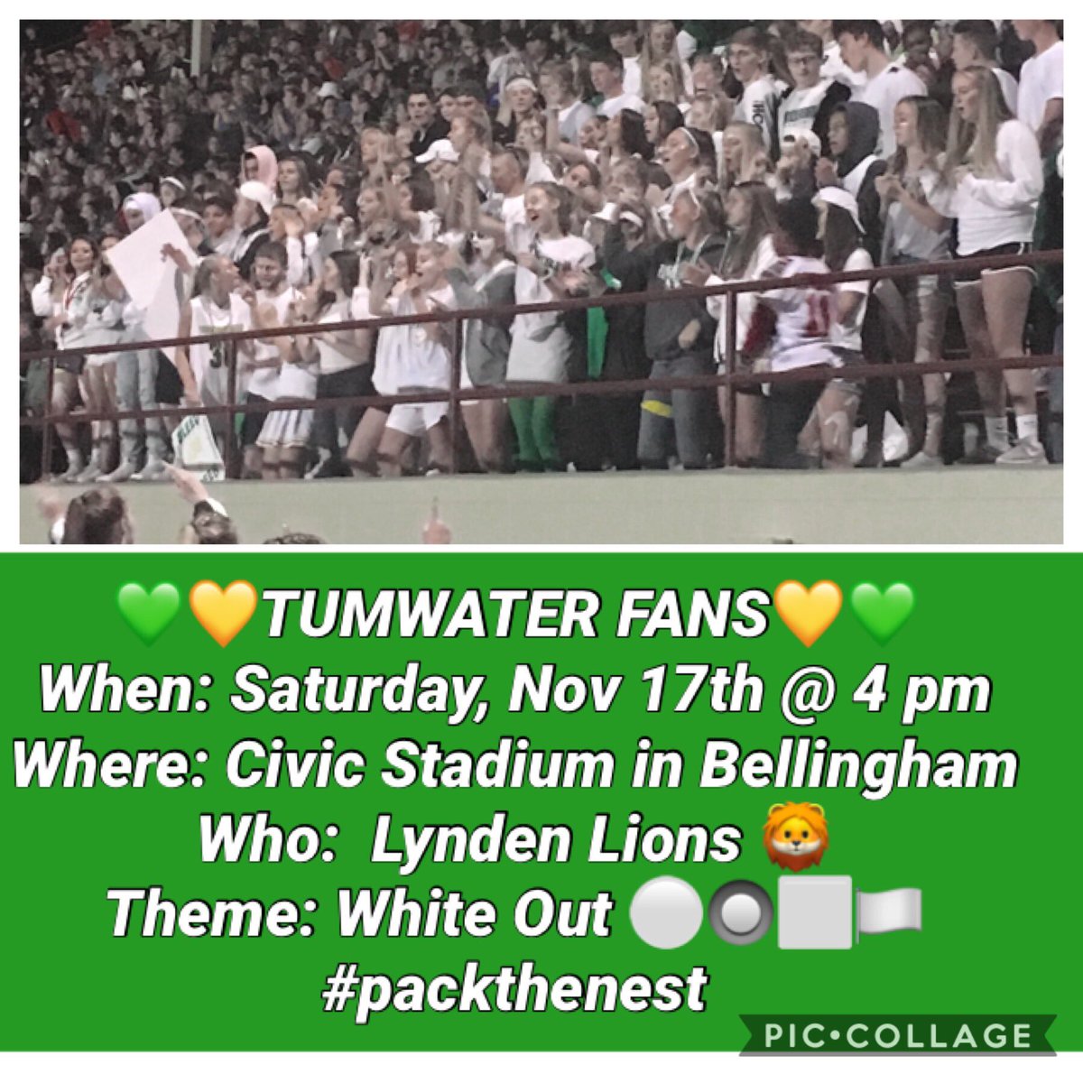 tumwatercheer's tweet photo. 💚💛TUMWATER FANS💛💚
When: Saturday, Nov 17th @ 4 pm
Where: Civic Stadium in Bellingham
Who:  Lynden Lions 🦁
Theme: White Out ⚪️🔘⬜️🏳️
#packthenest https://t.co/R17zfYchsv