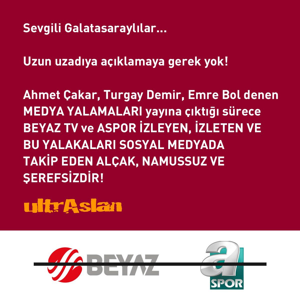Bu twiti veya bu görseli bütün mecralarda Galatasaraylılarla paylaşmanızı rica ediyoruz.

#BeyaztvASporBoykot