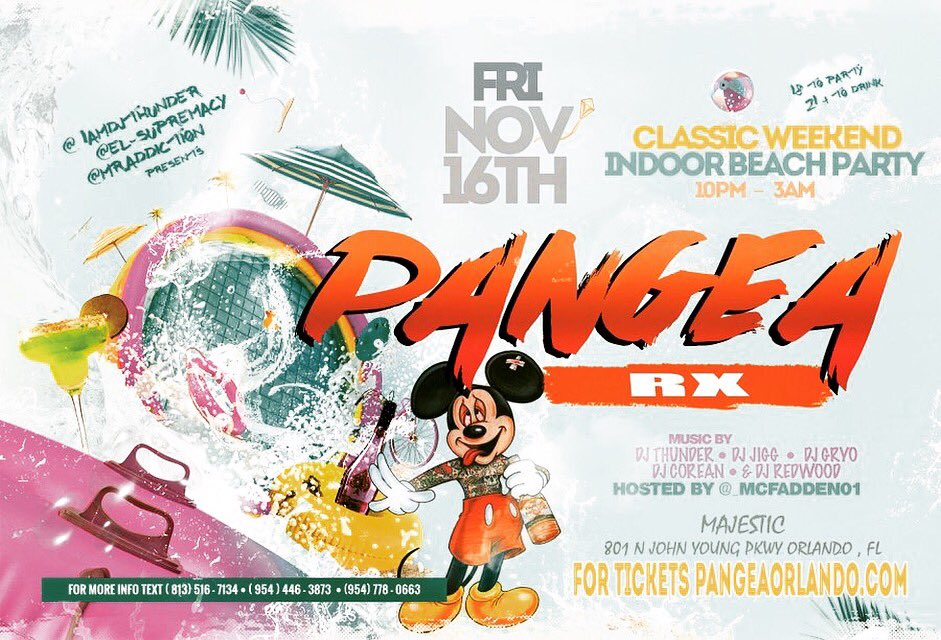 PartyStarters18's tweet photo. Pangea is Back for Classic Weekend in Orlando 

Friday November 16th 

Over 1000 People expected 

Come ready to get wild and  have fun 

For tickets go to https://t.co/LedkSZHc0n 

For info hit up @IamDJThunder 

#PangeaRX #ClassicWeekend2K18 #classicweekend2018 #FAMU #BCU #UCF https://t.co/pkIC3WkLkV