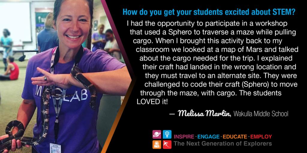 LearnWithNASA's tweet photo. To celebrate #InternationalEducationWeek we want to honor educators who ignite the #STEM spark in students. Meet Ms. Martin, an 8th grade educator from Wakulla Middle School. Melissa gets students excited to #ExploreWithSTEM with hands-on &amp; minds-on lab activities! #IEW2018 https://t.co/G7Wqql18xt