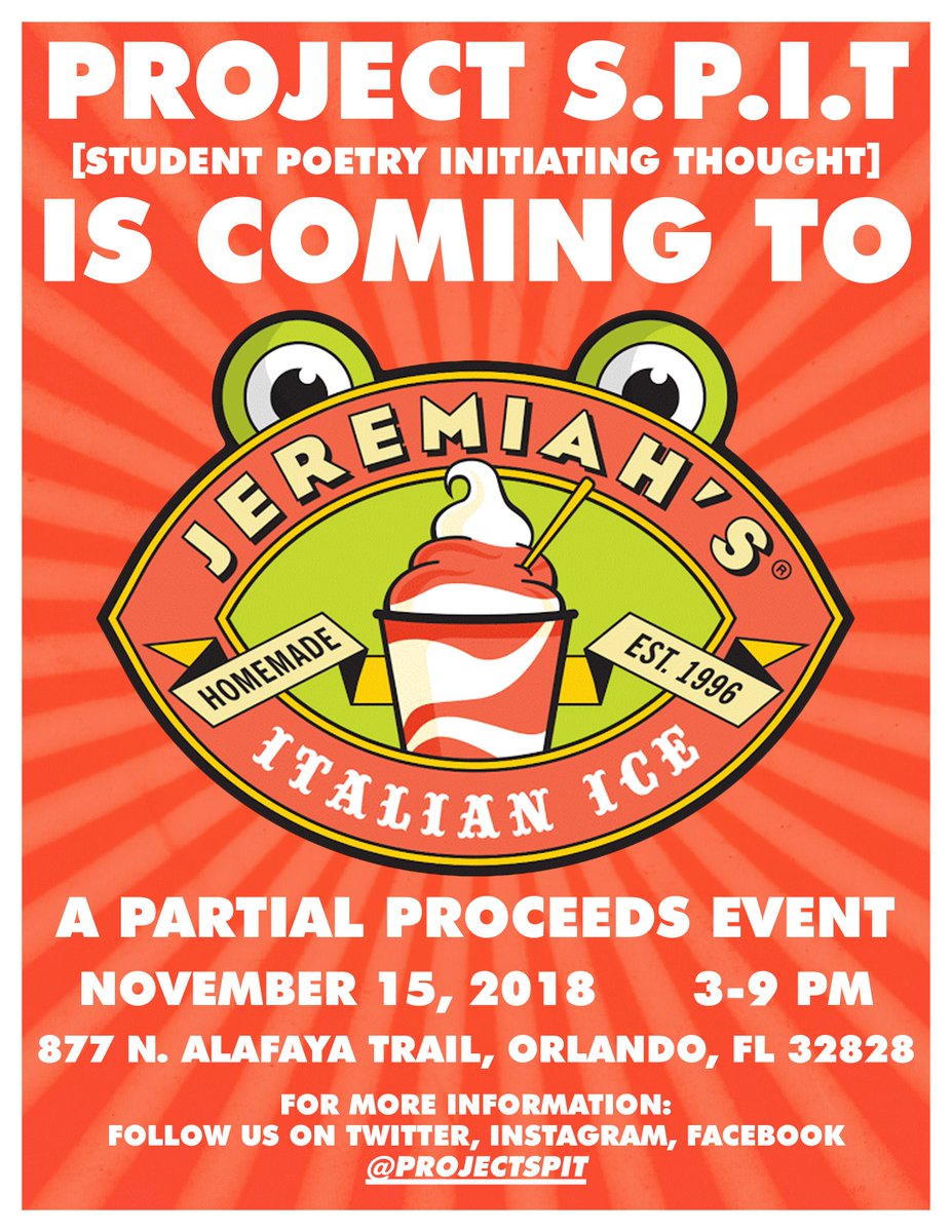 ProjectSPIT's tweet image. GOOD AFTERNOON, ARTISTS! TWO SPECIAL ANNOUNCEMENTS! WE HAVE A PARTIAL PROCEEDS EVENT AT JEREMIAH'S ITALIAN ICE THIS COMING THURSDAY! WE ALSO HAVE OUR NEXT GBM, THE COVER SLAM, HAPPENING NEXT MONDAY! MORE INFO TO COME SOON! 😎