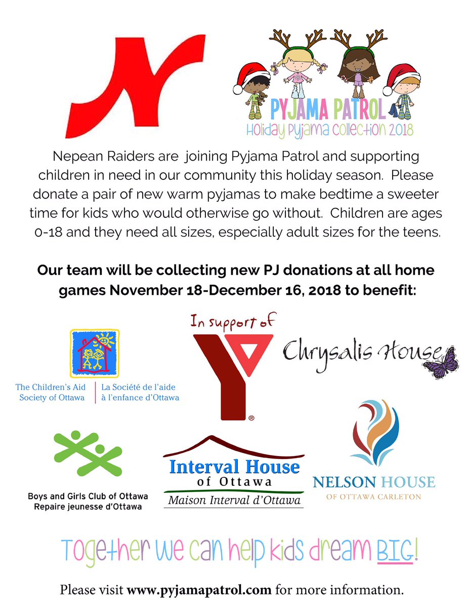 Raiders_Events's tweet photo. @Nepeanraiders are once again proud to help support @pyjamapatrol in helping children in our community make bedtime a little sweeter for kids who would otherwise go without.  At our home games starting Nov 18-Dec 16, we will be collecting new warm pyjamas for children ages 0-18. https://t.co/OtzmLgXPKw