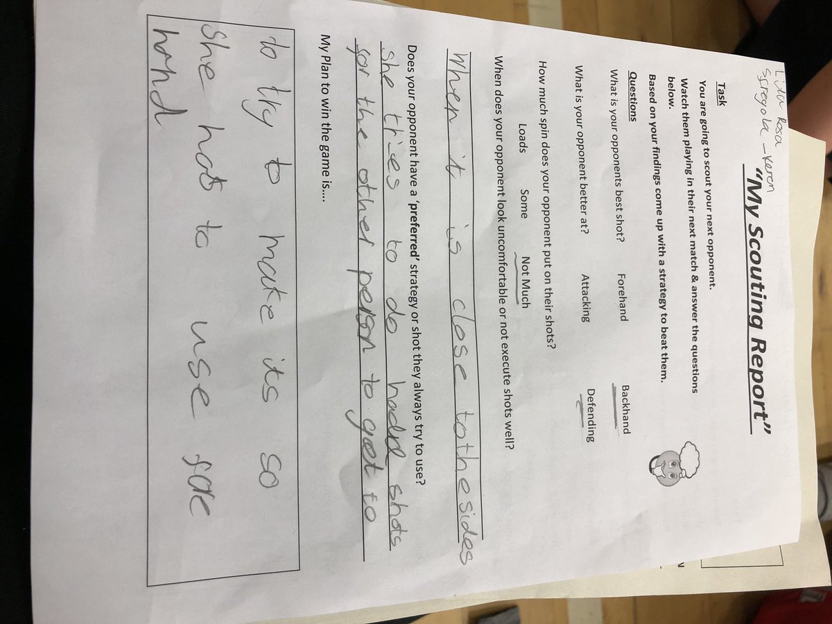 Belmont_PEdept's tweet photo. Some examples of Miss Neil’s S1 class Scouting Reports. Looking at tactics, Assessing and evaluating others performance in table tennis 🏓🕵🏽‍♀️🕵🏼‍♂️👌🏼 #tactics #assessing #watchingothers #tabletennis #planningperformance https://t.co/c0l00kznYt
