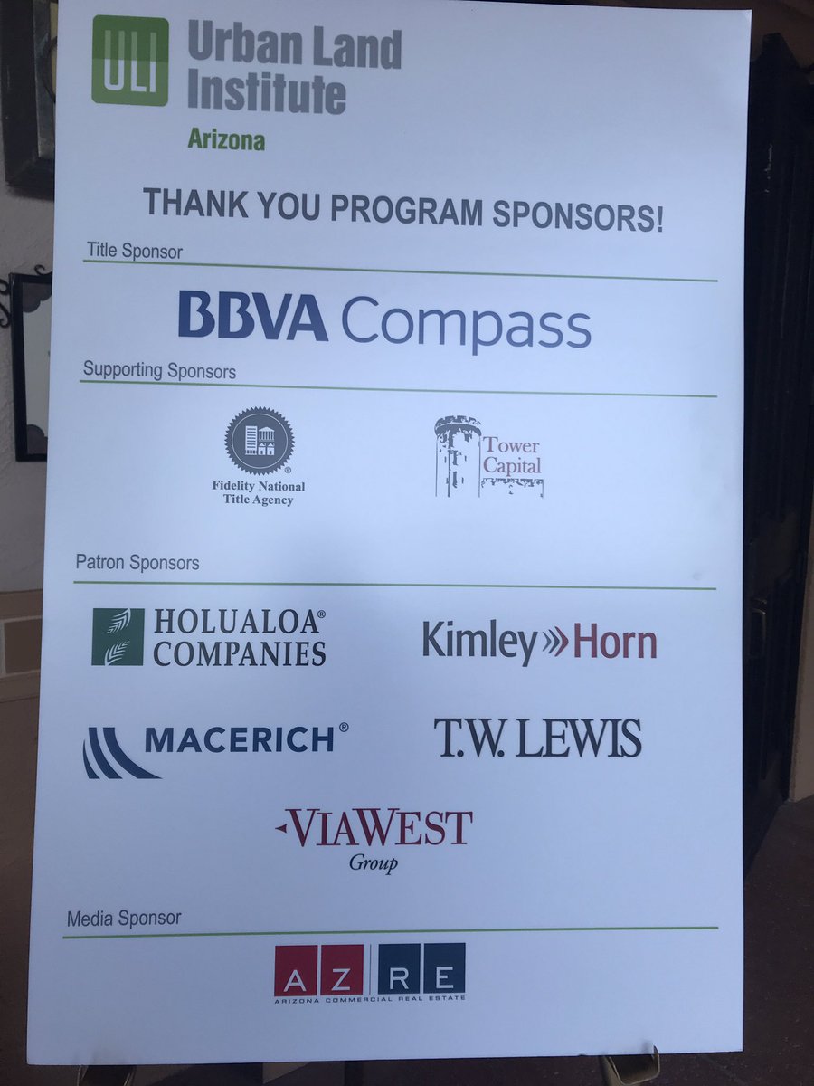 <a href="/ULIArizona/">ULI Arizona</a> @BBVACompass @FidelityPhoenix <a href="/TowerCapital/">Tower Capital</a> @holualoacompanies <a href="/KimleyHorn/">Kimley-Horn</a> <a href="/Macerich/">Macerich</a> <a href="/TWLewisFound/">TW Lewis Foundation</a> @ViaWestgroup @AZRE Thank You 6th Annual ULI AZ Shark Tank Sponsors